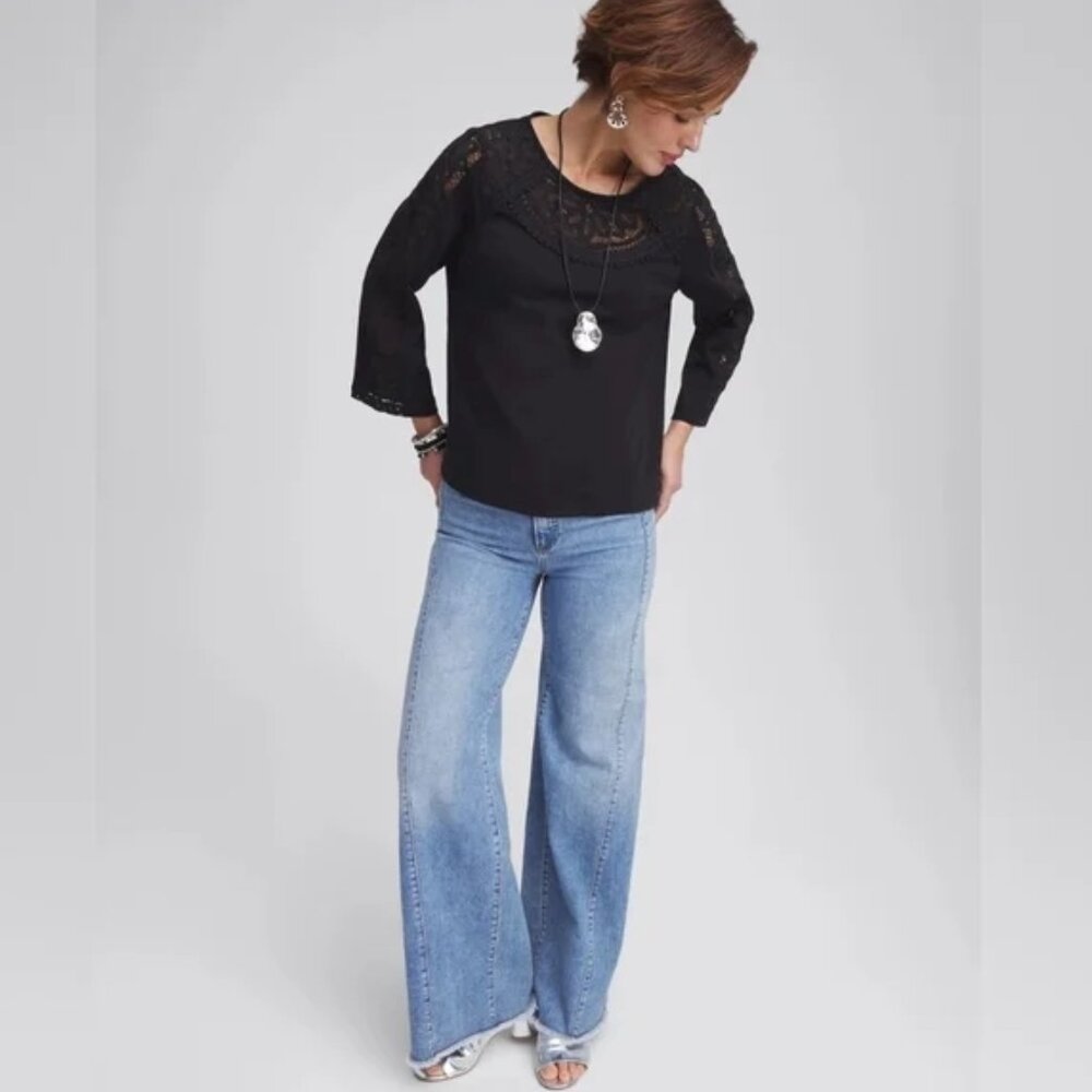 Chico's 3/XL lace cut out tee Classic fit long sleeves‎ scoop neckline gothcore
